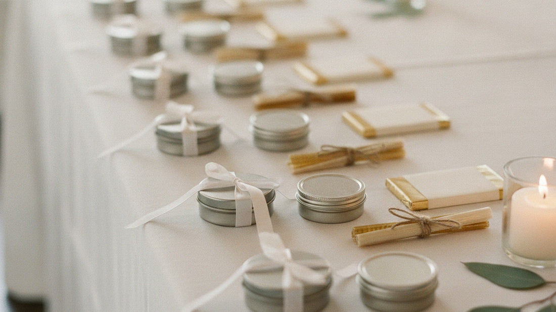 Rows of small round silver tins, some tied with white ribbon, bundles of honey straws tied with twine and small bars wrapped in white and gold paper on a white tablecloth, with a lit candle and eucalyptus leaves