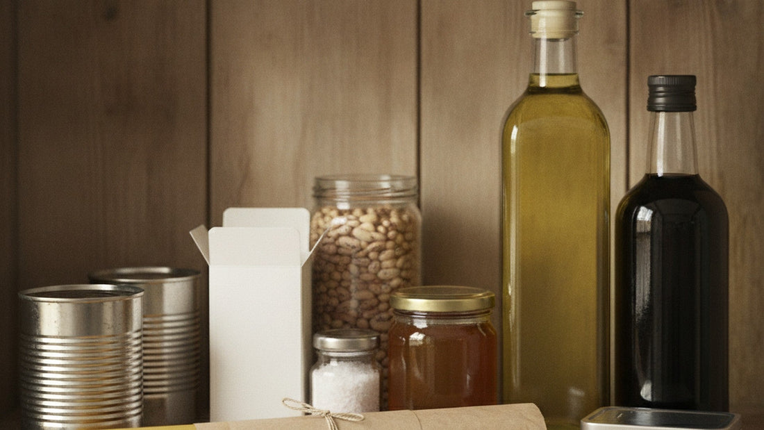 A wooden pantry shelf holding a bottle of olive oil, a dark bottle of vinegar, two metal cans, a jar of dried beans, a small jar of salt, a jar of honey, a plain white box, a paper-wrapped bundle tied with twine and a flat metal tin