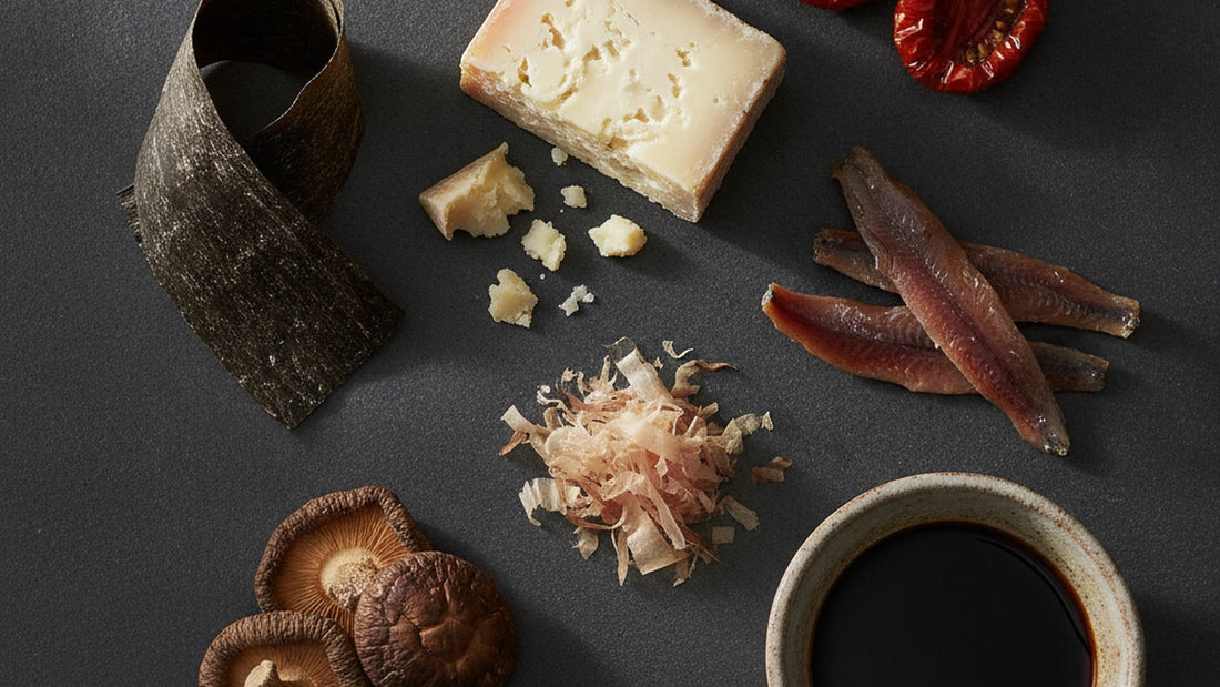 A dark slate with a strip of dried kombu, a rough wedge of aged hard cheese, a few dried shiitake caps, three anchovy fillets, two sun-dried tomato halves and a small dish of dark soy sauce