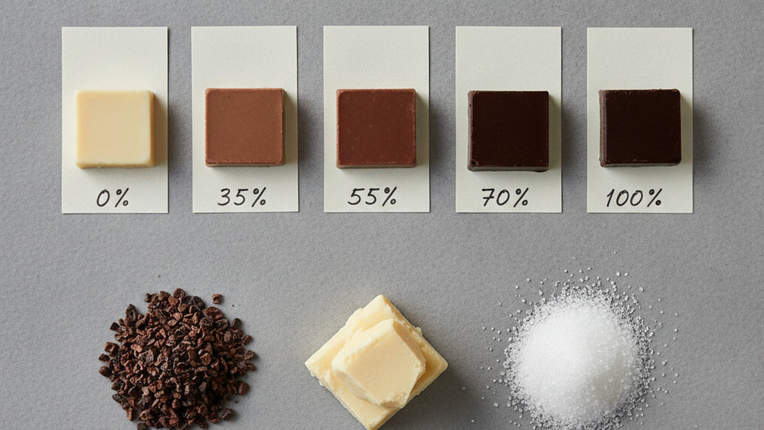Five squares of chocolate in a row from pale white to dark, each on a small card with a percentage written by hand, beside a small pile of cocoa nibs, a pat of pale cocoa butter and a mound of sugar