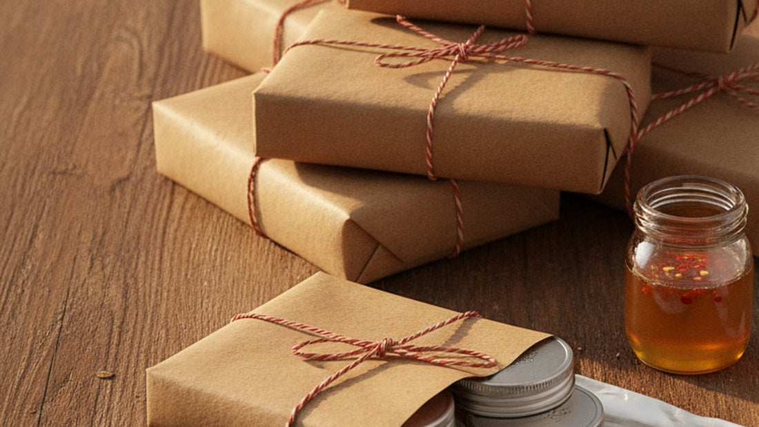 Plain kraft paper parcels tied with red and white string on a wooden table, with round metal tins tucked under one parcel and a small open jar of amber honey with red chili flakes, in warm light