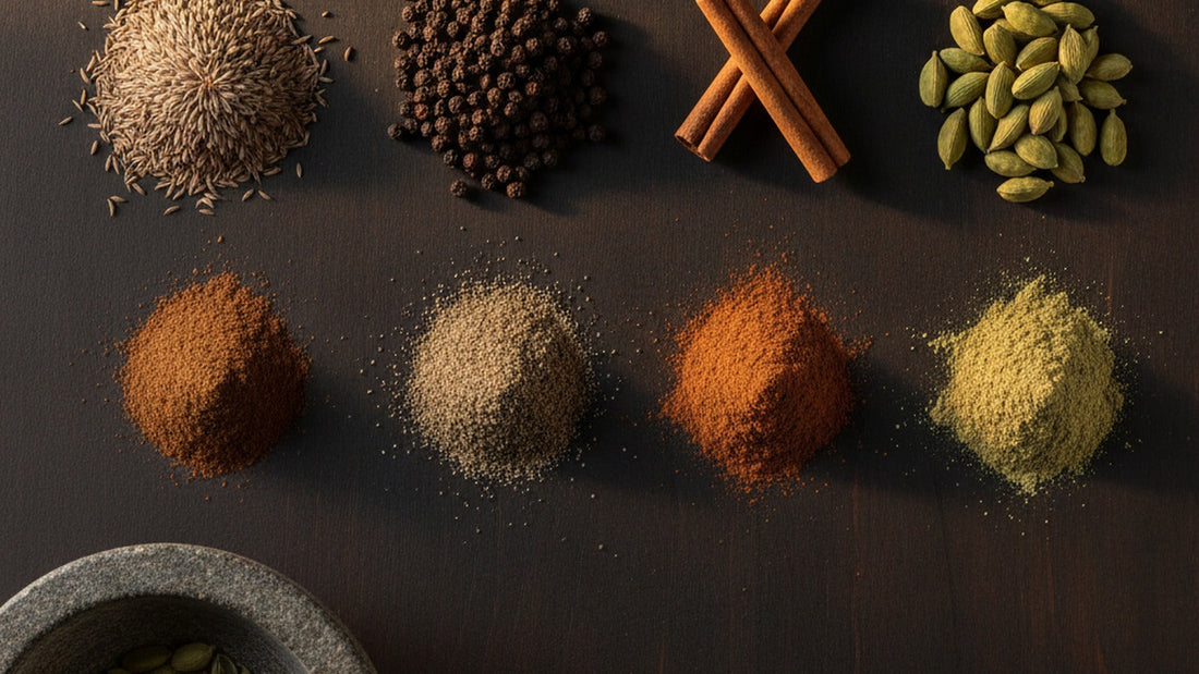 Whole cumin seeds, black peppercorns, cinnamon quills and green cardamom pods in small piles on a dark board, each beside a matching mound of the same spice freshly ground, with a mortar and pestle at the edge