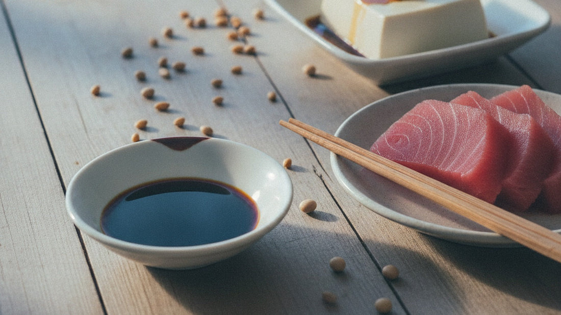 A shallow white dish of dark, glossy double-brewed soy sauce on weathered cedar boards beside slices of raw tuna, a block of chilled tofu and a scatter of soybeans and wheat grains