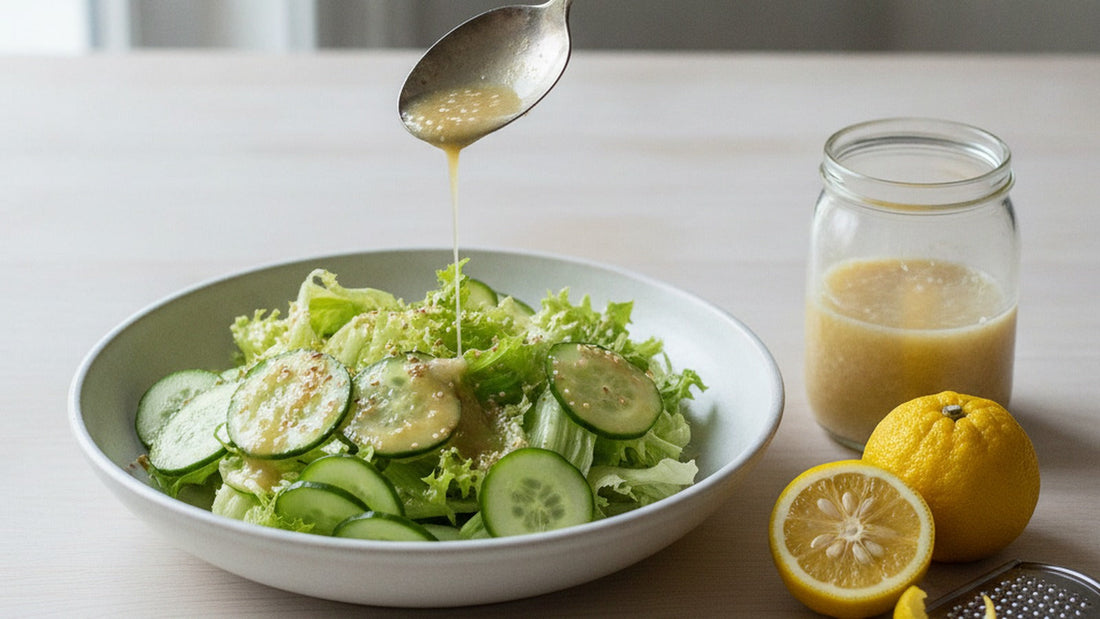 A wide bowl of butter lettuce and thin-sliced cucumber glossy with a pale, cloudy yuzu vinaigrette, a small glass jar of the dressing and a halved yellow yuzu beside it