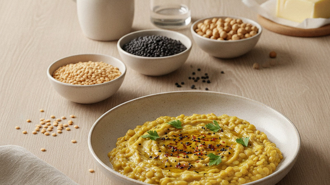 A shallow bowl of soft yellow lentils topped with a spoonful of oil and toasted cumin seeds and a scatter of chopped parsley, beside small bowls of dry golden lentils, black lentils and chickpeas