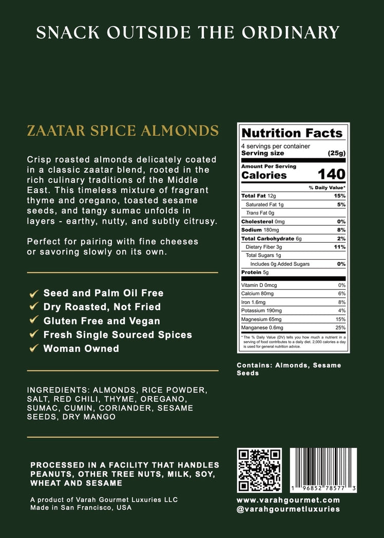 Varah Gourmet - Zaatar Spice Almonds - Middle Eastern Spiced Roasted Almonds - 3.5 oz.
