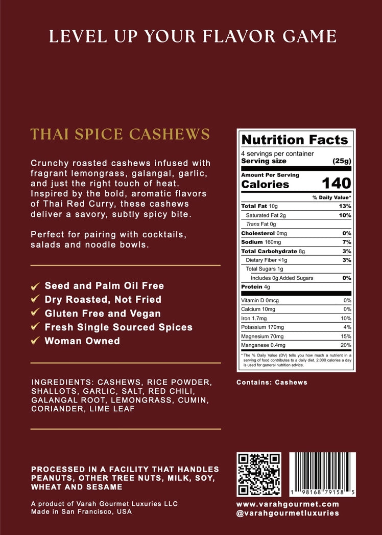 Varah Gourmet - Thai Spice Cashews - Thai Red Curry-Inspired Roasted Cashews - 3.5 oz.