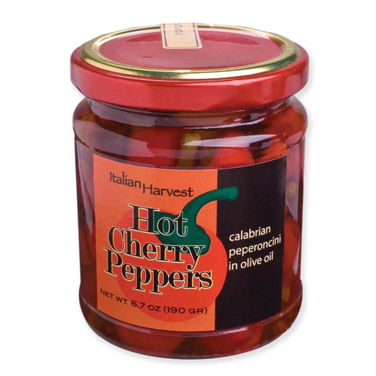 Jar of Italian Harvest Hot Cherry Peppers on a white background