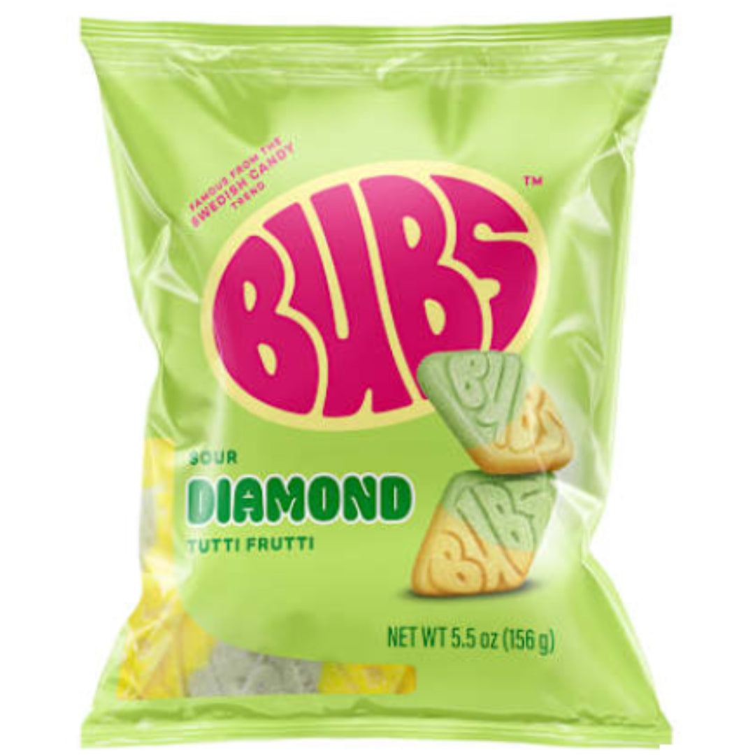 Green package of Bubs Sour Diamond Tutti Frutti candy with a pink 'Bubs' logo.