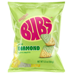 Green package of Bubs Sour Diamond Tutti Frutti candy with a pink 'Bubs' logo.