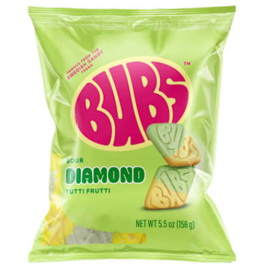 Green package of Bubs Sour Diamond Tutti Frutti candy with a pink 'Bubs' logo.