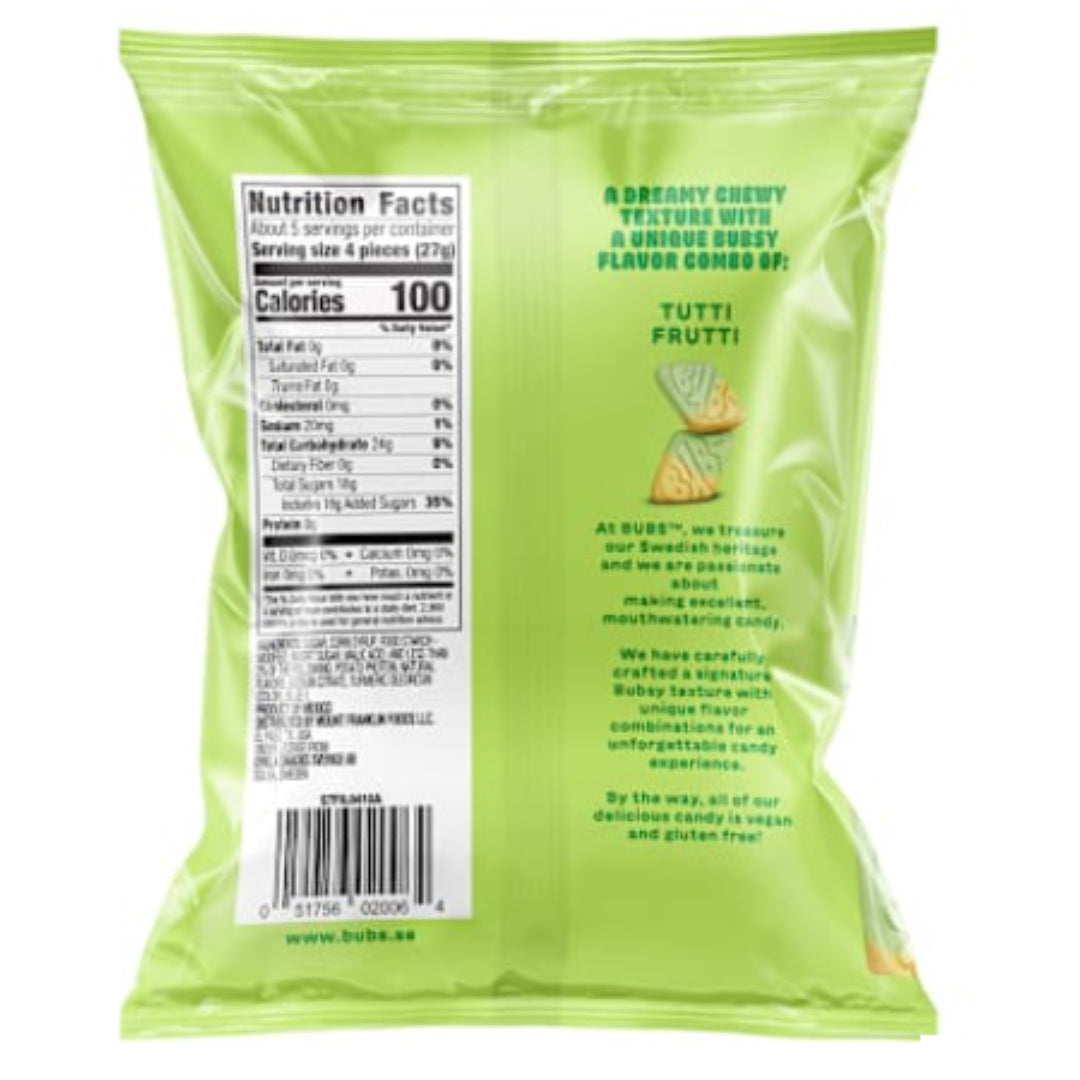 Green snack package with nutrition facts and product description on a white background