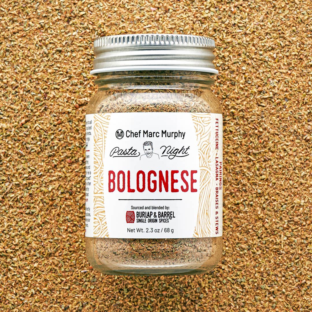 Jar of Chef Marc Murphy Pasta Night Bolognese spice mix on a textured surface