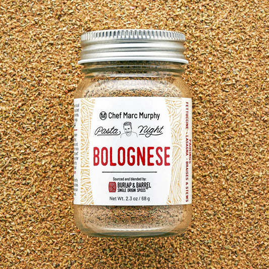 Jar of Chef Marc Murphy Pasta Night Bolognese spice mix on a textured surface