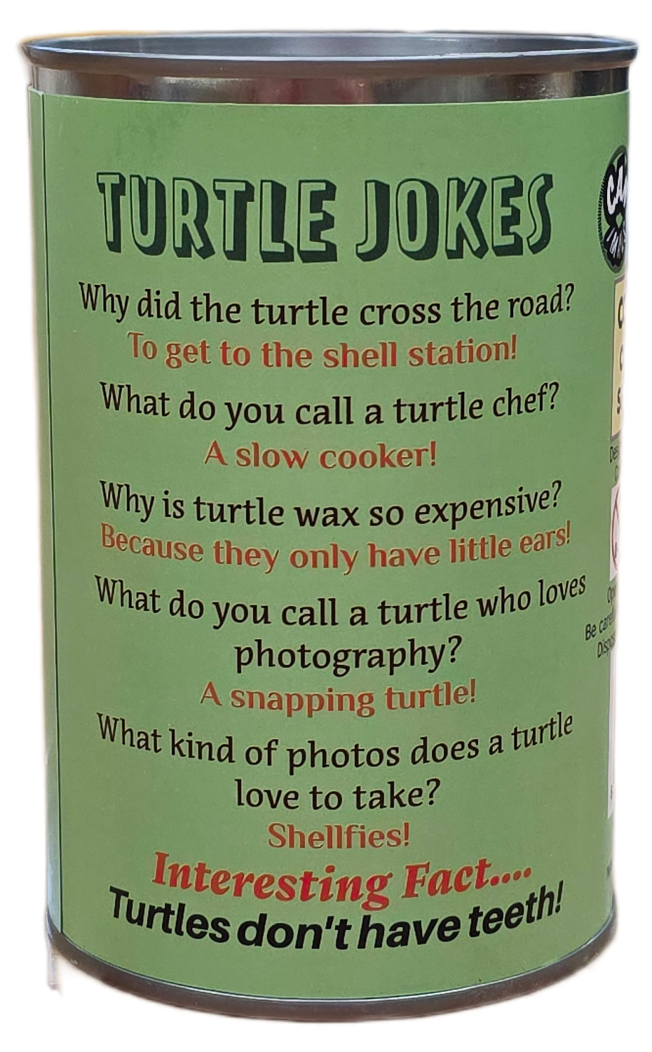 Can labeled 'Turtle Jokes' with humorous text on a green background