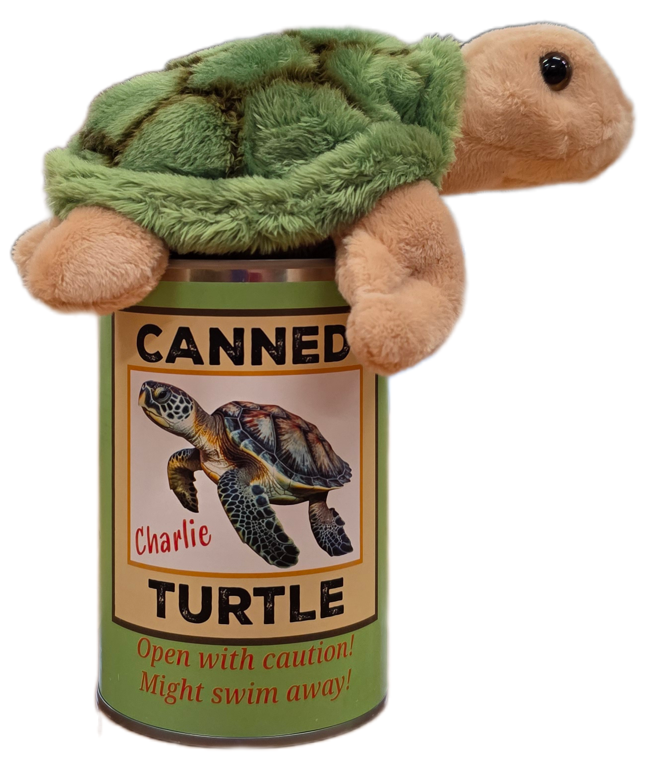Plush turtle toy inside a can labeled 'Canned Turtle' with a humorous label.