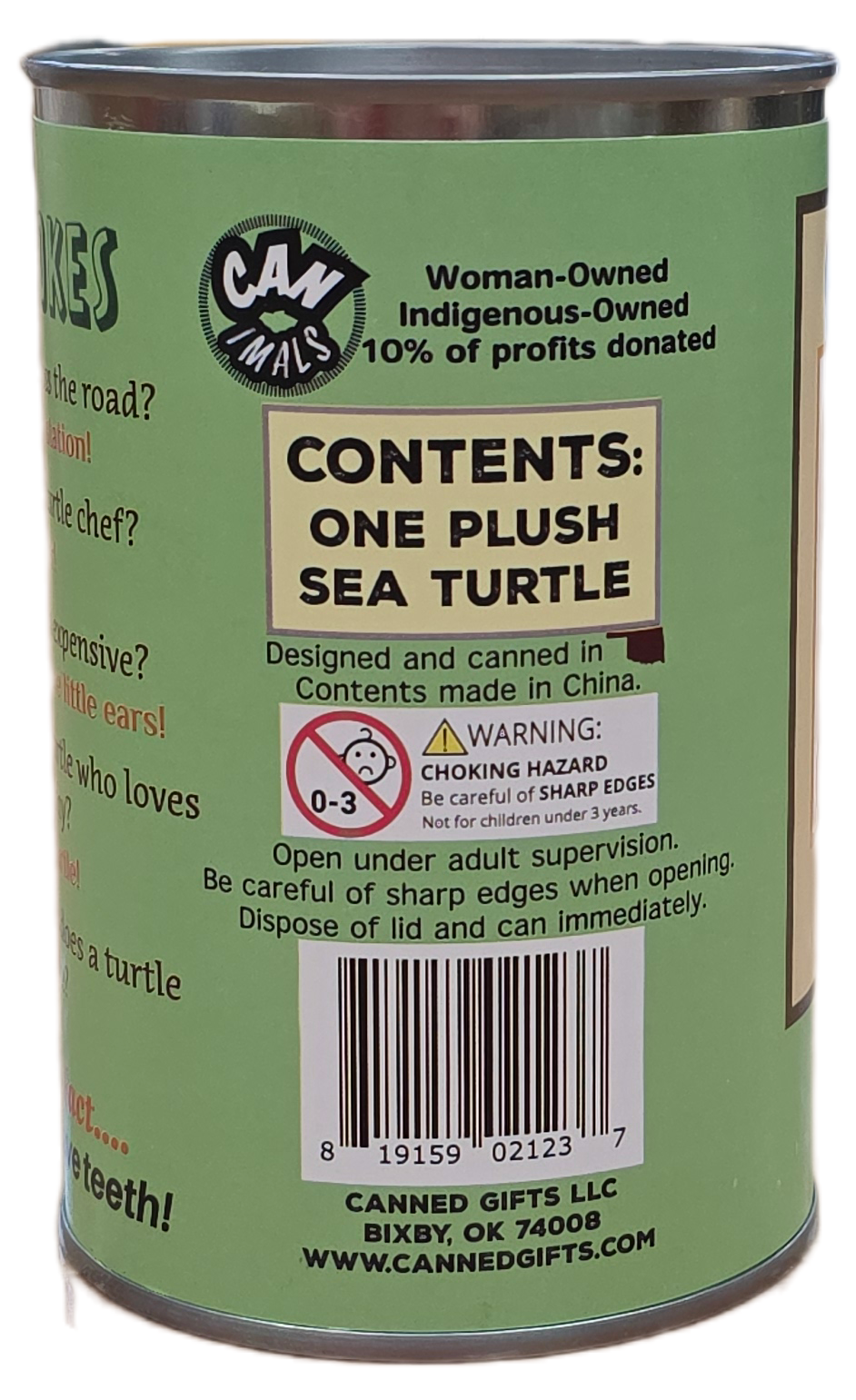 Canned product with green label and text, featuring a logo and text about contents and branding.