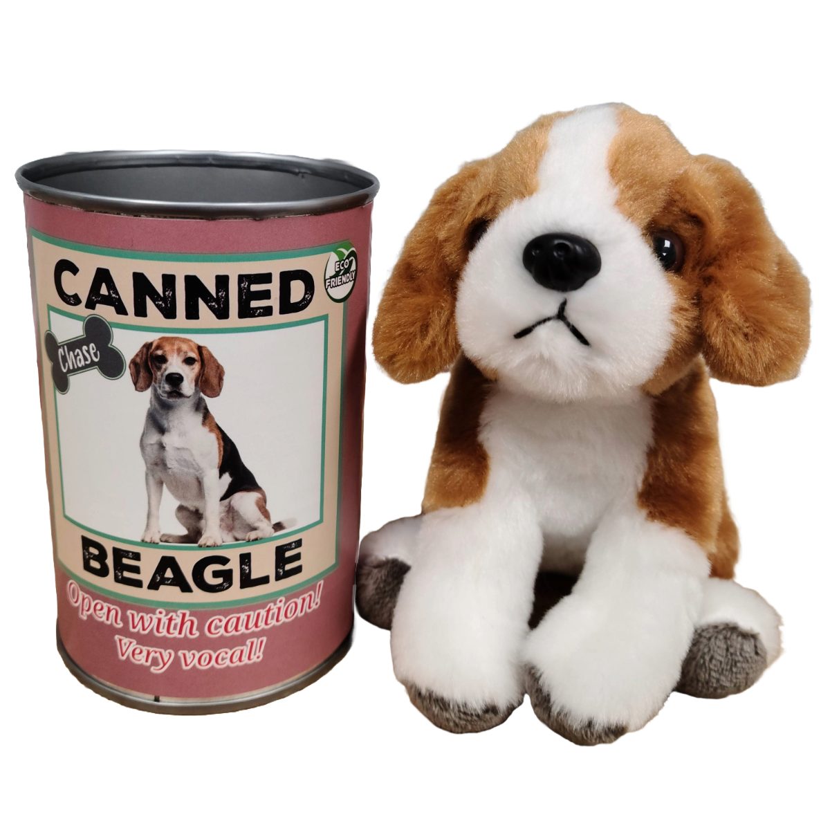 Plush beagle toy next to a can labeled 'Canned Beagle' on a white background