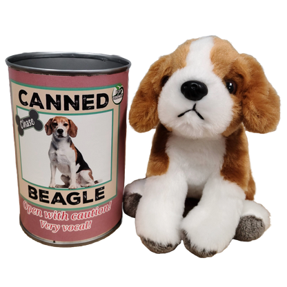Plush beagle toy next to a can labeled 'Canned Beagle' on a white background