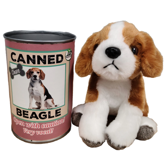 Plush beagle toy next to a can labeled 'Canned Beagle' on a white background