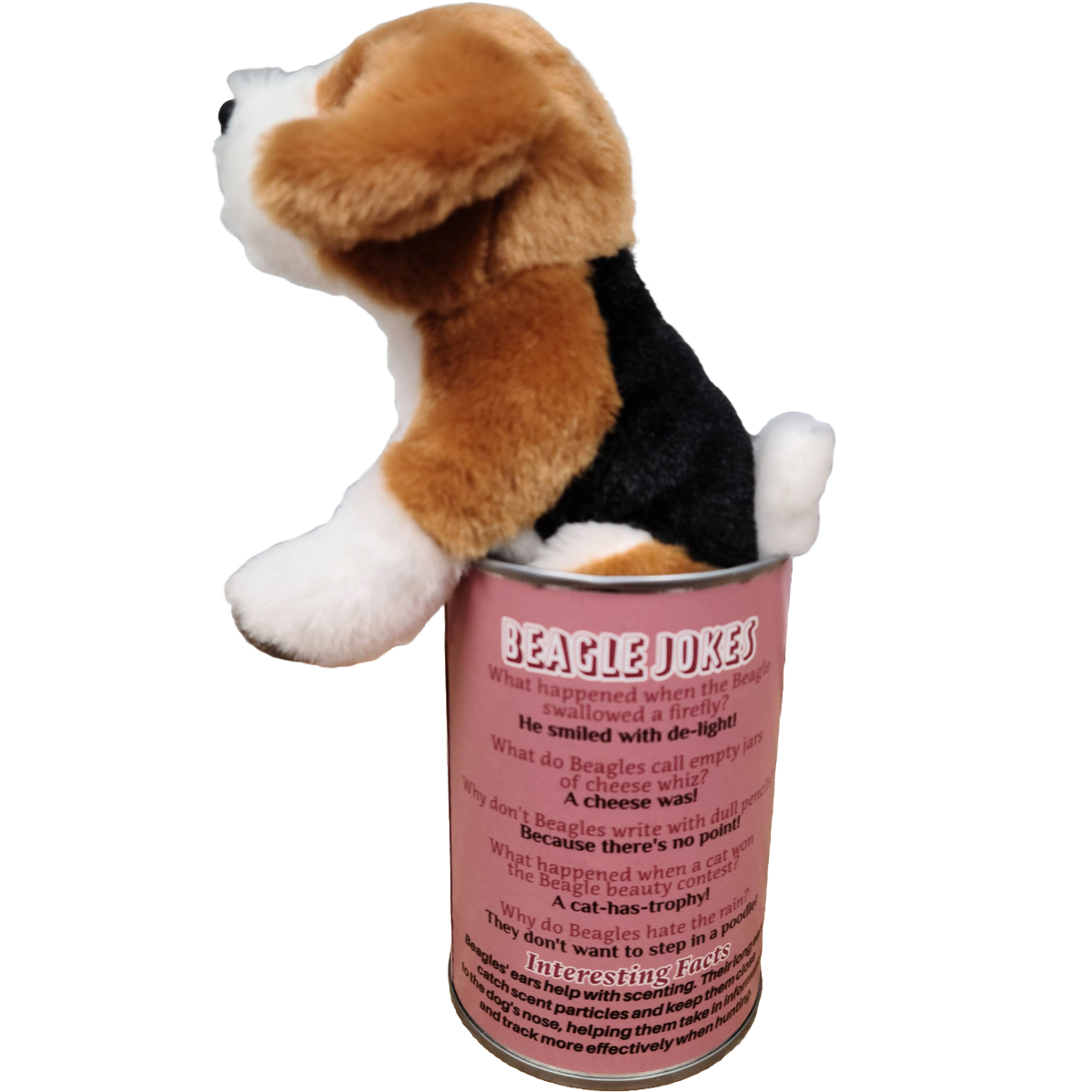 Plush dog toy inside a can labeled 'Beagle Jokes' on a white background