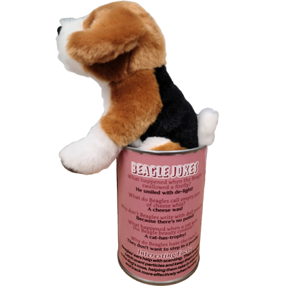 Plush dog toy inside a can labeled 'Beagle Jokes' on a white background