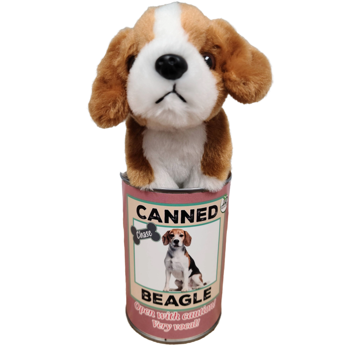 Plush beagle dog toy inside a can labeled 'Canned Beagle' on a white background