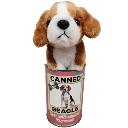 Plush beagle dog toy inside a can labeled 'Canned Beagle' on a white background