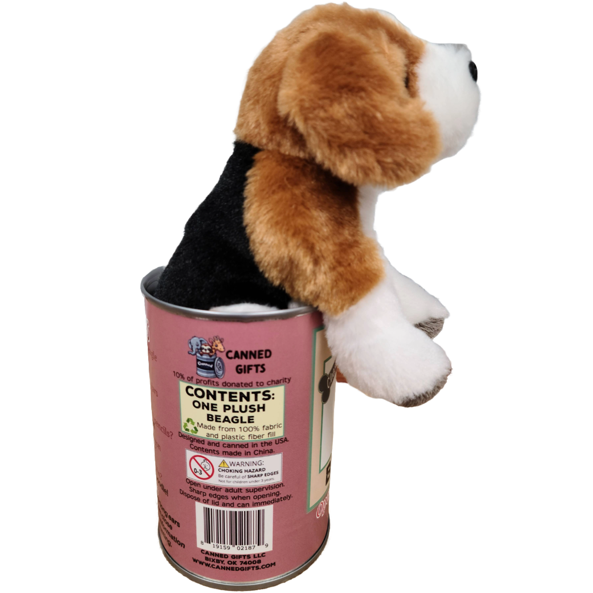 Plush beagle dog toy inside a canned gift container on a white background