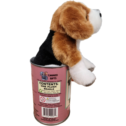 Plush beagle dog toy inside a canned gift container on a white background