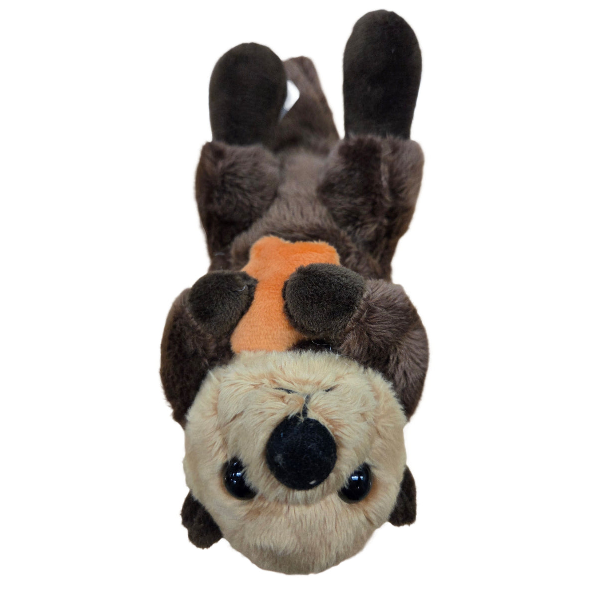 Plush toy resembling a sloth with an orange bow tie on a white background