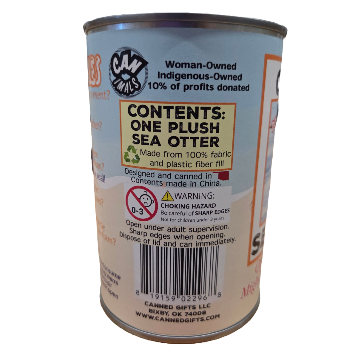 Canned plush sea otter toy with label on a white background