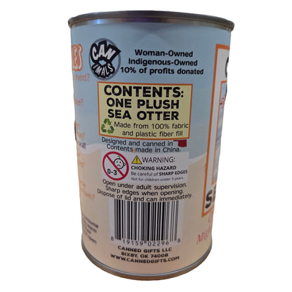 Canned plush sea otter toy with label on a white background