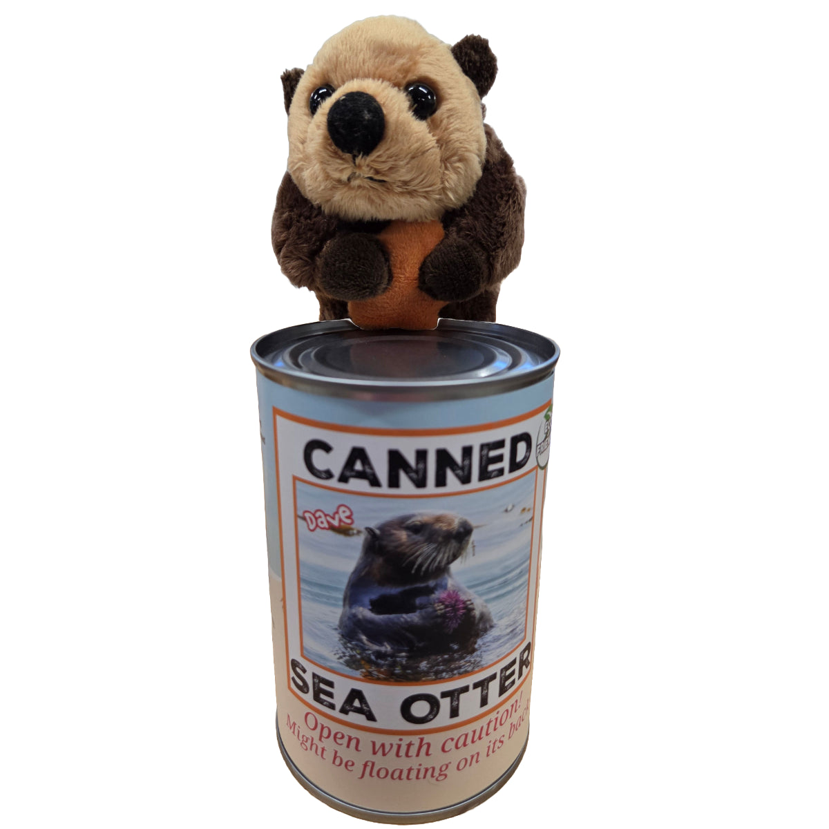 Plush toy sea otter peeking out from a can labeled 'Canned Sea Otters' on a white background