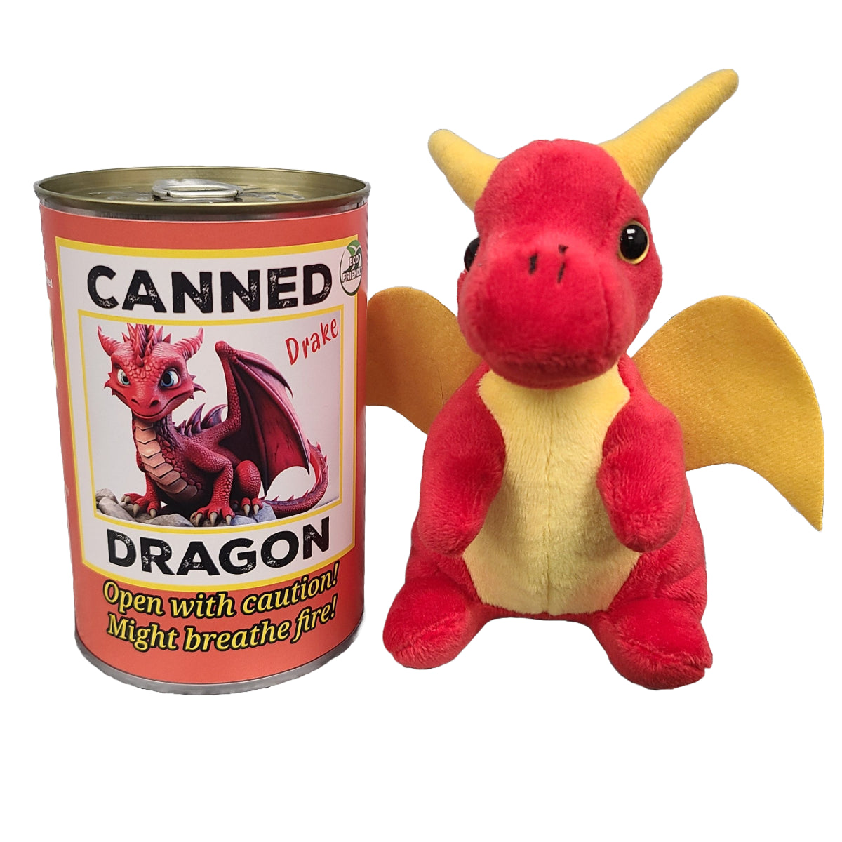 Plush dragon toy next to a can labeled 'Canned Dragon' on a white background