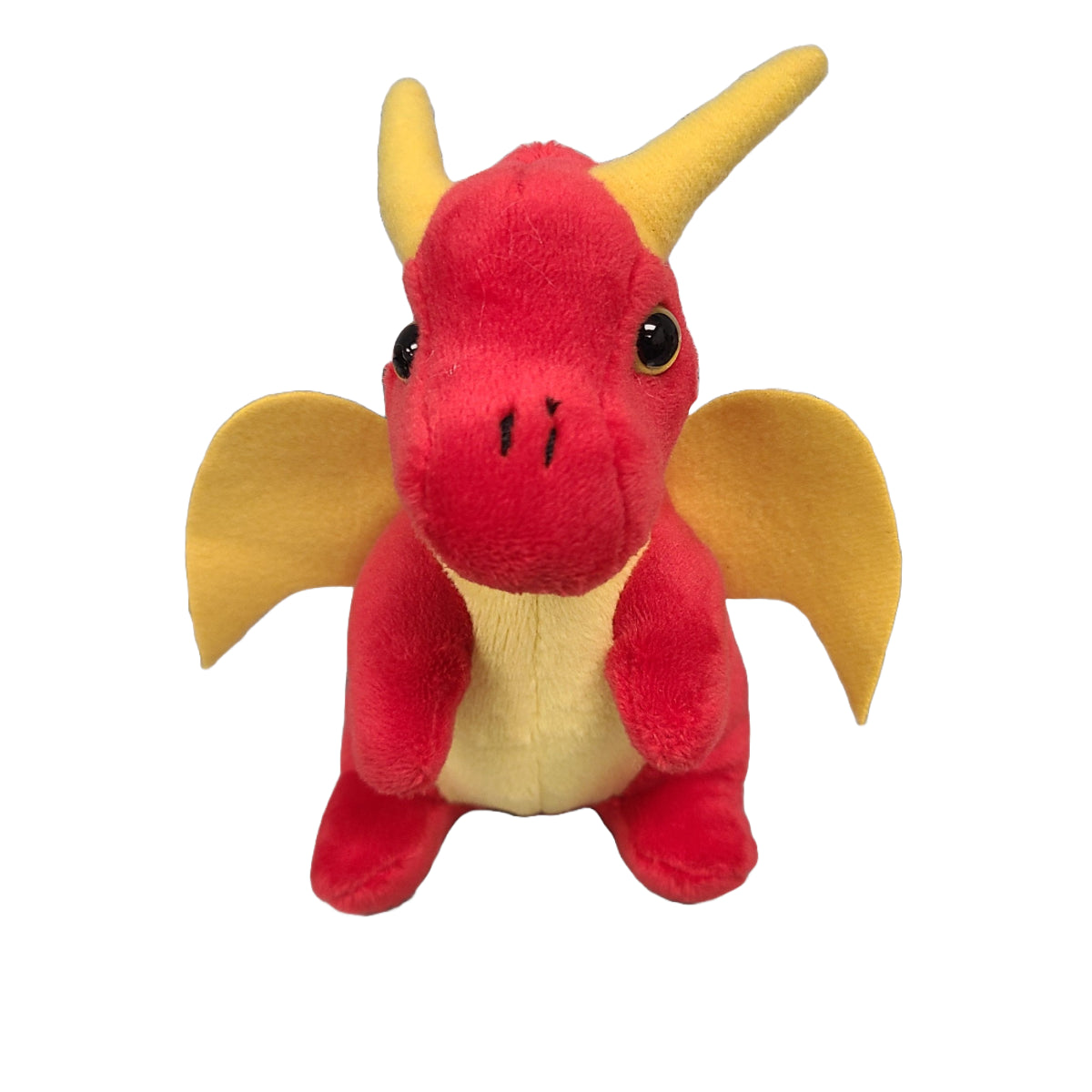 Red and yellow dragon plush toy on a white background