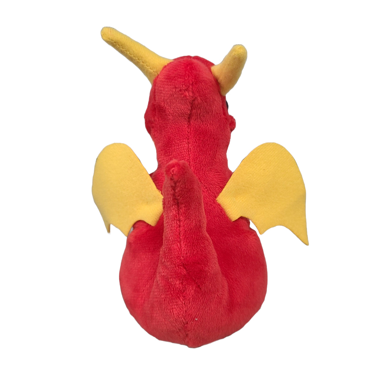 Red plush dragon toy with yellow wings and horns on a white background