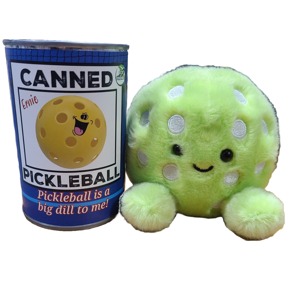 Plush pickleball ball next to a can labeled 'Canned Pickleball' on a white background