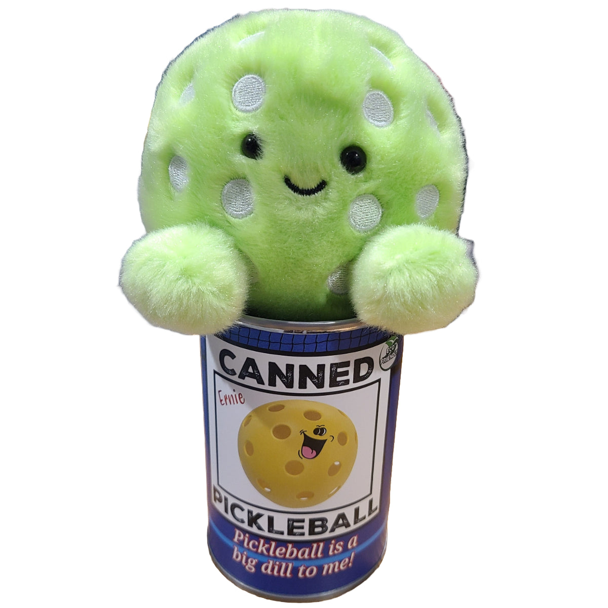 Plush toy resembling a pickleball inside a can labeled 'Canned Pickleball' on a white background