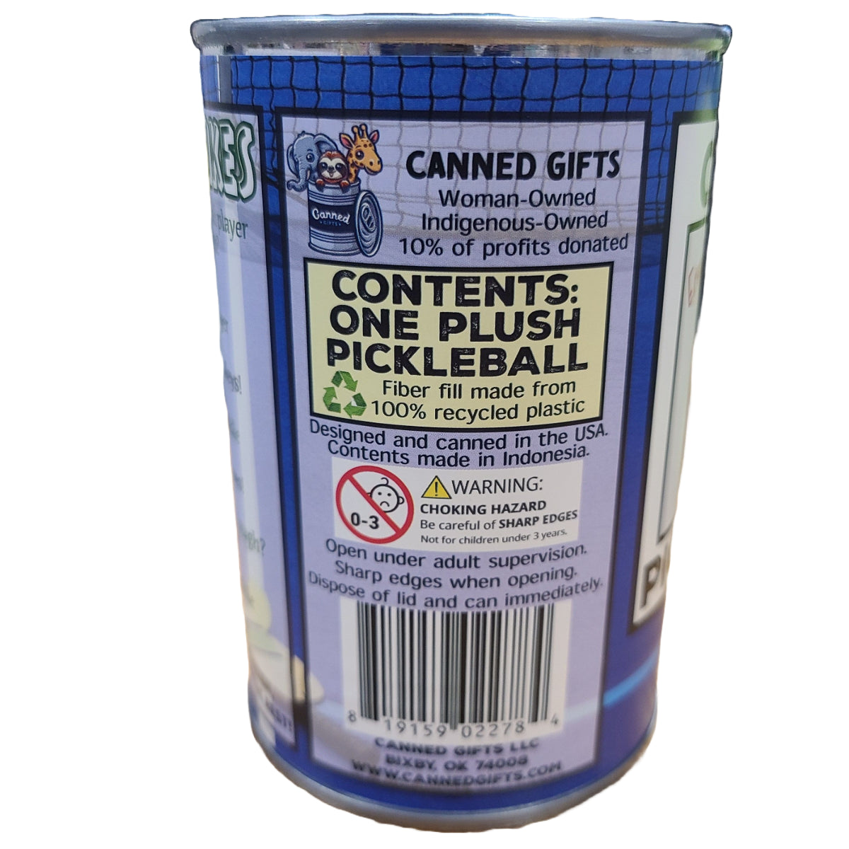 Canned gift with plush pickleball inside, featuring a label on a white background