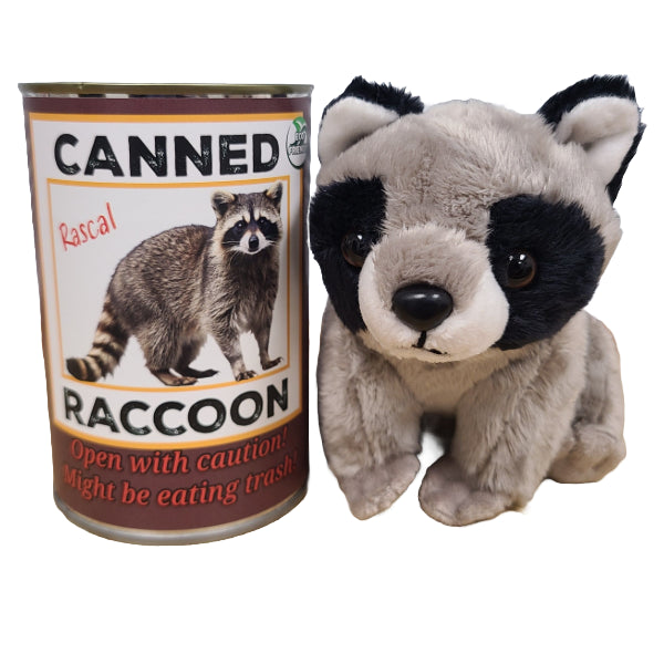 Plush raccoon toy next to a can labeled 'Canned Raccoon' on a white background