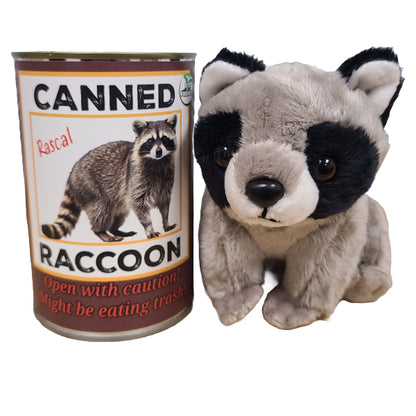 Plush raccoon toy next to a can labeled 'Canned Raccoon' on a white background