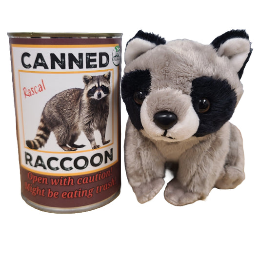 Plush raccoon toy next to a can labeled 'Canned Raccoon' on a white background