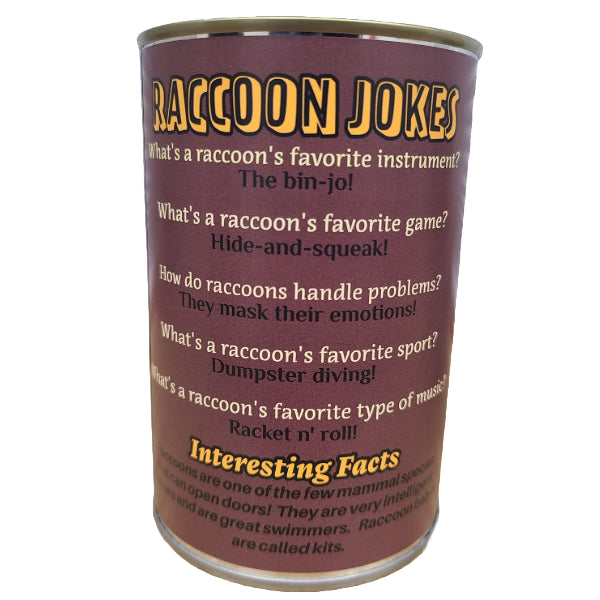 Canister labeled 'Raccoon Jokes' with humorous text on a white background