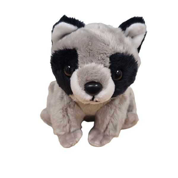 Plush toy raccoon on a white background