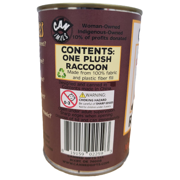 Can of plush raccoon toy with label on a white background