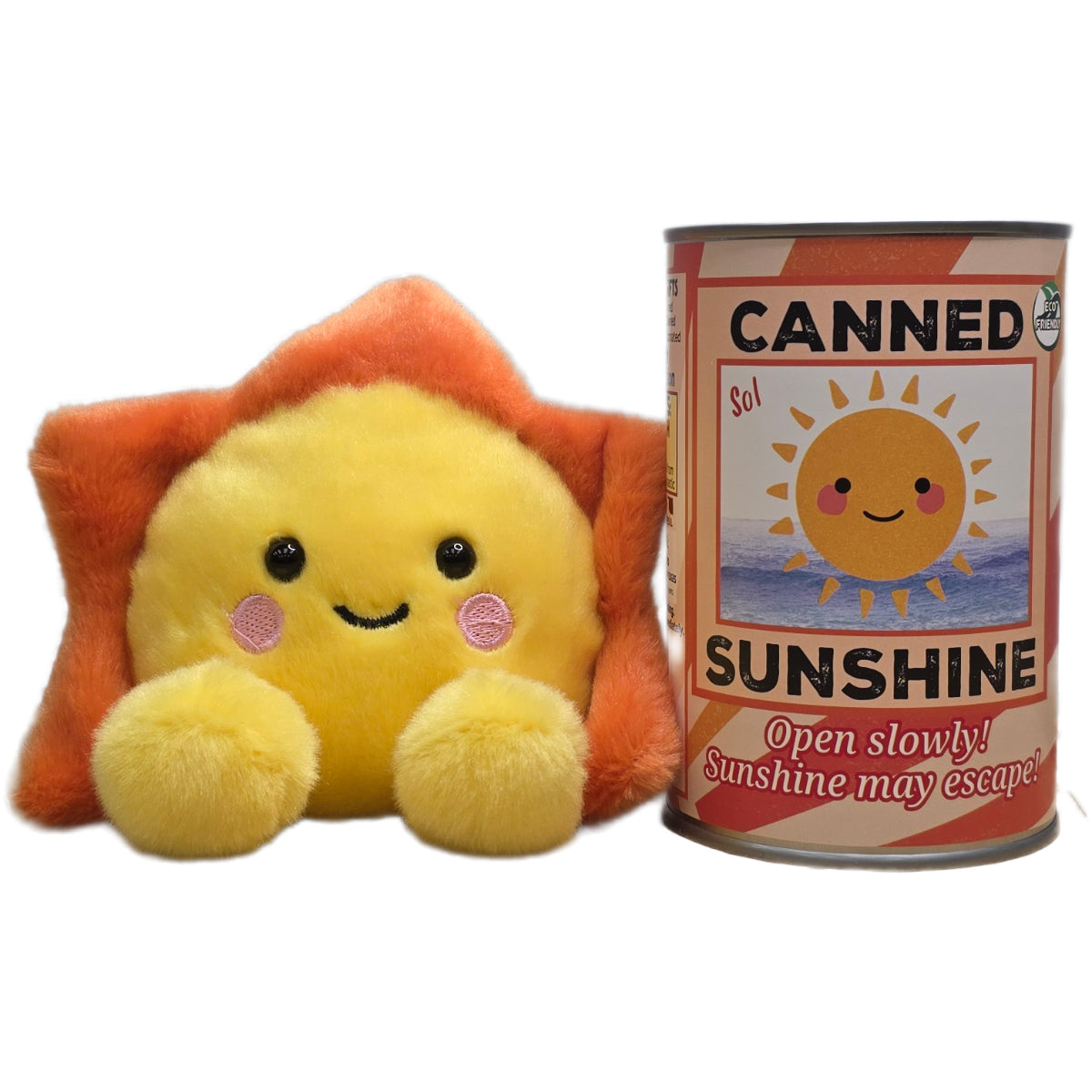 Plush sun toy next to a can labeled 'Canned Sunshine' on a white background