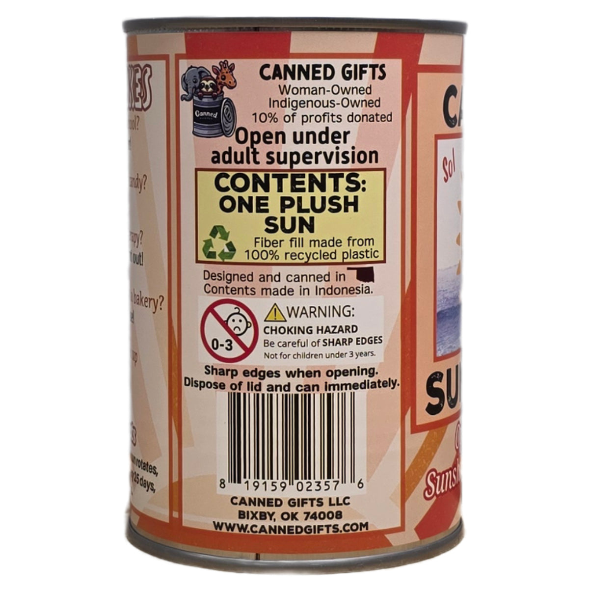 Canned gift packaging with branding and product details on a white background