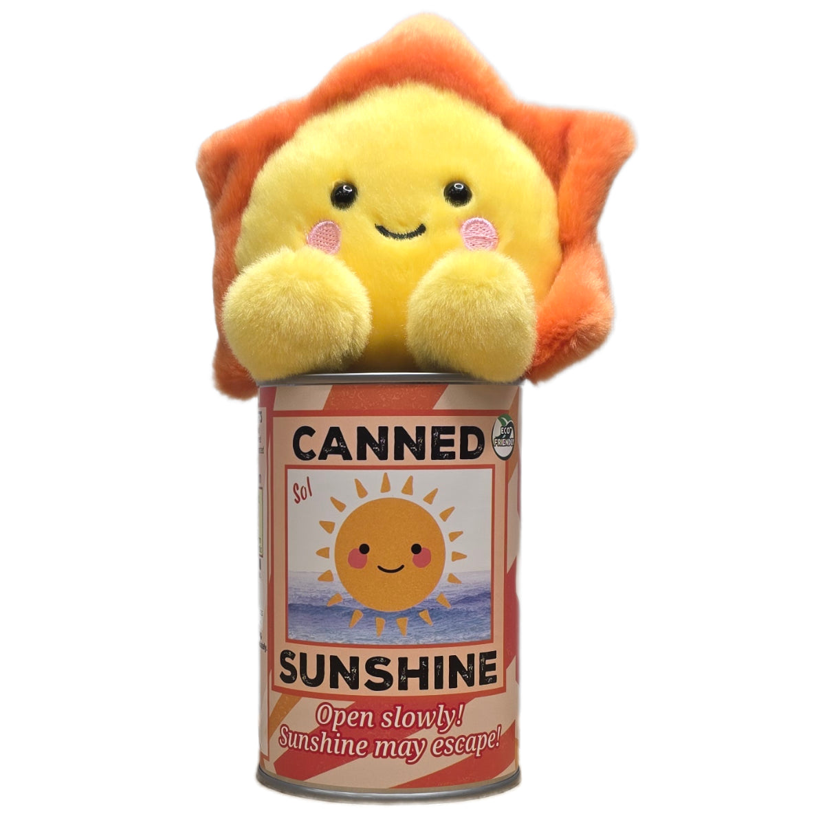 Plush toy resembling a sun character in a can labeled 'Canned Sunshine' on a white background