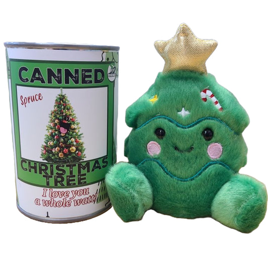 Plush Christmas tree toy next to a can labeled 'Canned Christmas Tree' on a white background